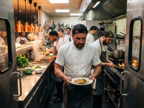Restaurant Kitchen Workflow with Chefs Plating Meals in a Busy Service Line