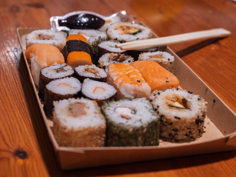 Sushi Platter Featuring Assorted Fresh Rolls and Ingredients