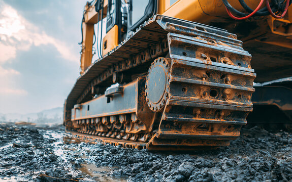 Close up of heavy excavator metal tracks on muddy ground. Yellow crawler machine tread works on construction site. Industrial digging equipment rests on dirt surface under bright sky