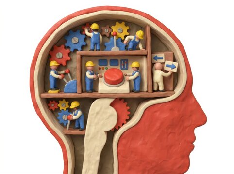 Mind machine with workers and gears in a clay brain concept