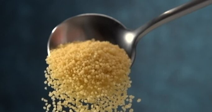 Couscous falling from a spoon in slow motion close up on blue background