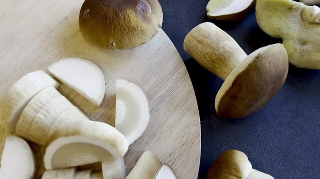 Close up of fresh cutted boletus mushroom on wooden cutting board 