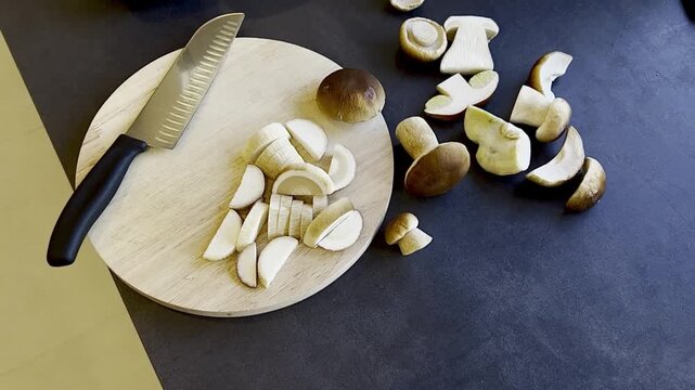 Close up of fresh cutted boletus mushroom on wooden cutting board 