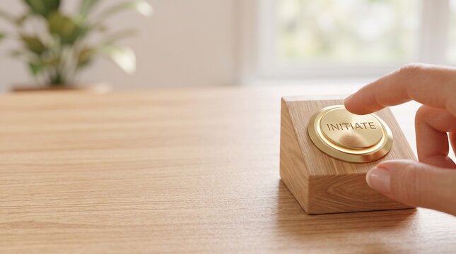 Minimalist wooden initiate button on desk, hand pushing brass initiate start button, business launch concept