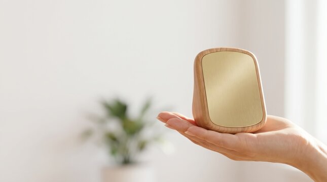 Minimalist wooden portable speaker held in hand, modern wireless audio device on neutral background, elegant smart gadget presentation