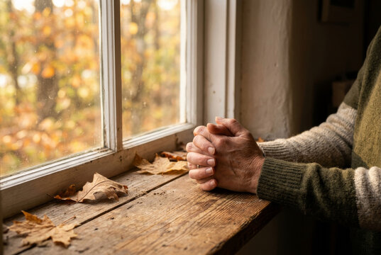 Hands rest together in a quiet moment of prayer on a wooden windowsill as soft golden autumn light falls across the scene, a tasteful, non-denominational image of everyday faith and reflection.
