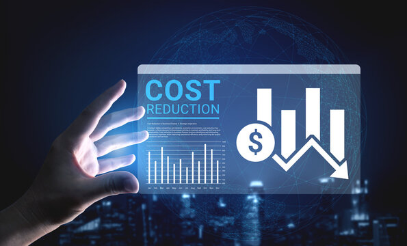 A hand holds a transparent display featuring cost reduction with graphs and a dollar sign, symbolizing financial analysis and strategic business planning in a high-tech environment. Ledger