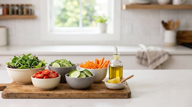 Fresh salad ingredients arranged n separate small bowls on a wooden board in a kitchen  