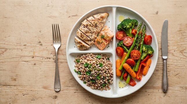 Healthy fat-conscious diet with balanced portions of lean protein, vegetables, and whole grains