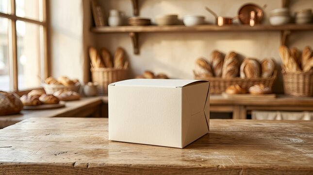 Blank beige bakery box on wooden table with bread packaging mockup