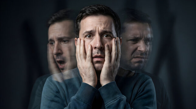 Frustrated adult man grabbing his face surrounded by screaming ghosted images of himself, severe panic attack, psychological distress, inner conflict.