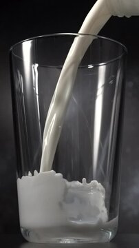 Milk pouring into glass with splash in slow motion close up black background