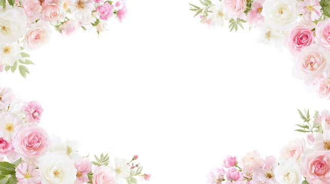 ピンクと白の薔薇や花で囲んだフラワーフレーム背景
