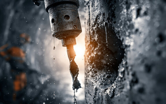 A close-up horizontal shot of a powerful wet core drilling machine boring a large hole into a concrete structure with water droplets, featuring a blurred worker in a dark industrial tunnel