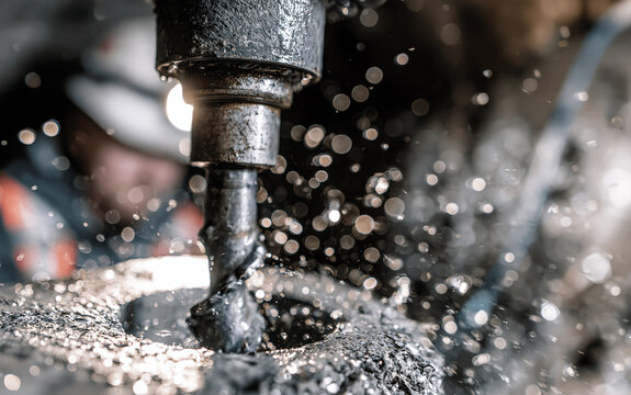 A close-up horizontal shot of a powerful wet core drilling machine boring a large hole into a concrete structure with water droplets, featuring a blurred worker in a dark industrial tunnel