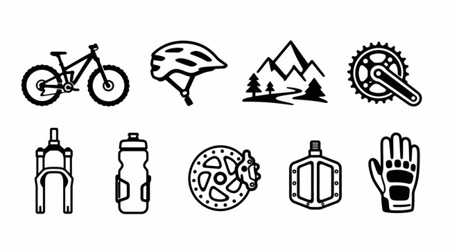 Black minimalist icons of mountain biking gear and equipment.