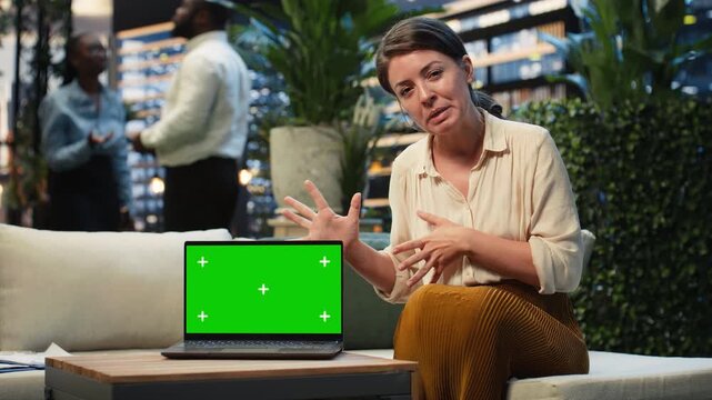 Businesswoman uses a green screen laptop during a rooftop presentation, with a mockup notebook and chroma key display supporting the project presentation.