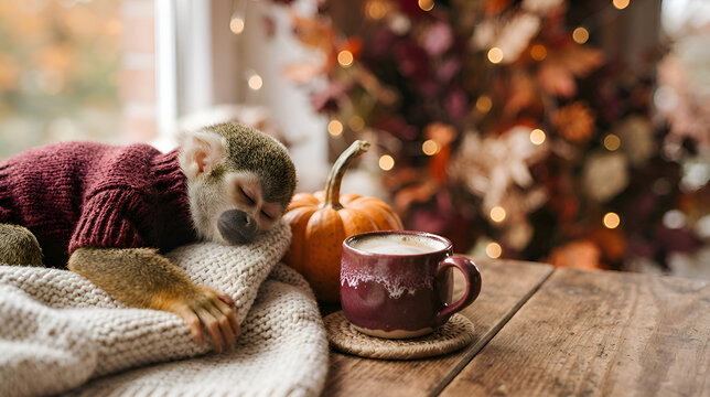 Cozy autumn still life with warm sweater, ceramic mug, pumpkin and blurred festive lights in background
