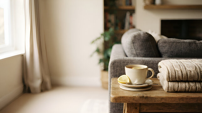 Cozy living room interior with cup of tea and lemon on wooden table, sofa and blanket