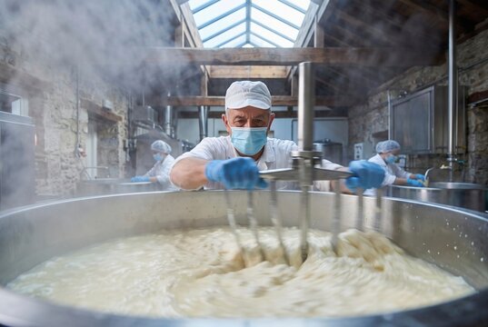 Artisan dairy craftspersons stir curdling milk inside a large stainless vat during cheese manufacturing at a traditional rustic processing facility, rising steam billows over churning dairy whey as mechanical agitator paddles separate solid coagulated casein proteins from liquid remnants, hygienic blue protective gloves and facial masks reflect food safety compliance within agricultural processing, stone masonry walls combine with exposed timber roof trusses and glass skylights to bridge ancestral culinary heritage with stringent sanitary regulations, several masked food production operators work simultaneously in background copper vessels, physical labor and automated agitation symbolize the transformation of raw farm harvest into durable sustenance, microeconomic resilience of regional agriculture contrasts globalized food supply chains, tactile curd testing and thermal curdling demonstrate ancient preservation techniques, artisanal culinary tradition balances industrial sanitary standards amidst evaporating vapors, AI-generated, AI generated