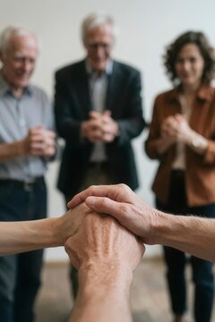 Clasped hands in a supportive therapy circle embody intergenerational trust, communal empathy, social solidarity and psychological care, tactile human connection bridges demographic divides within mental health rehabilitation, blurred figures in the background maintain reverent postures during collective grief counseling, folded fingers signify mutual assistance alongside spiritual fellowship, soft ambient indoor lighting enhances the serene atmosphere of unconditional acceptance, somatic soothing counters isolation among elderly participants, group psychodynamics facilitate cathartic release and emotional recovery, communal gathering serves as a pillar for geriatric wellbeing within inclusive community networks, shared vulnerability transforms individual suffering into collaborative strength, somatic grounding practices establish safe interpersonal spaces for bereavement recovery, AI-generated, AI generated