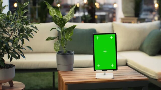 Mockup tablet with green screen standing on a rooftop lounge table beside a potted plant, showing a close-up chroma key display on a device in an urban terrace workspace above city buildings.