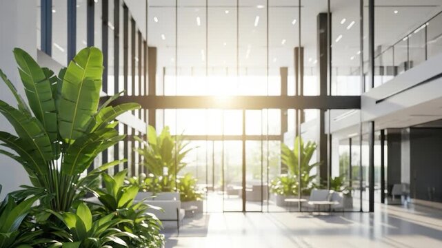 bright modern office lobby with tropical plants, comfortable seating and warm sunlight through glass walls