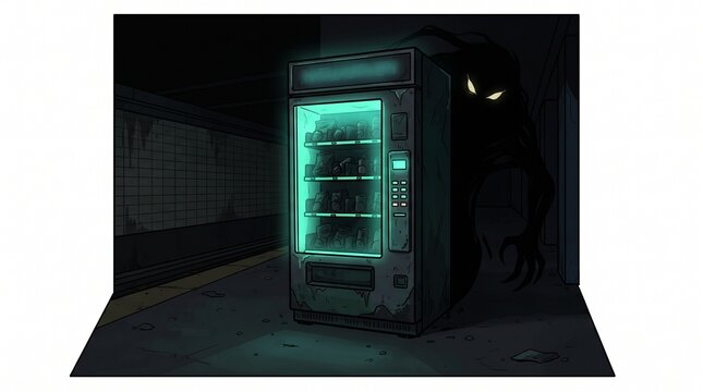 Halloween monster lurking behind a glowing vending machine in a subway station
