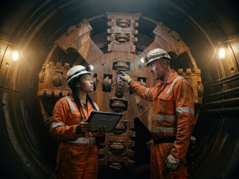Tunnel Boring Crew Inspecting Underground Machinery