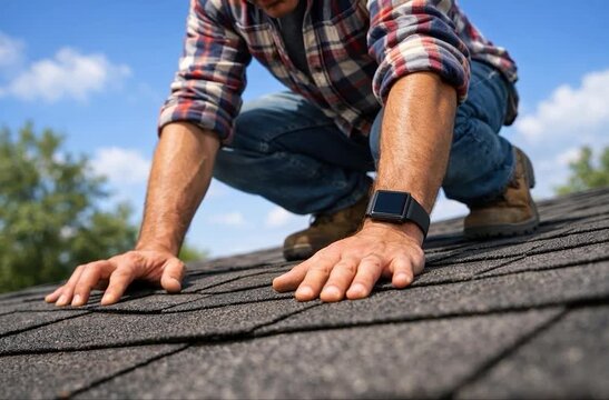 Male construction worker wearing a plaid shirt and smartwatch kneels on a roof, pressing dark asphalt shingles with both hands under a bright sunny blue sky with scattered white clouds