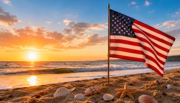 American flag waves on a sandy beach beside seashells and a starfish as the sun sets over the ocean, with orange light reflecting on the water and scattered clouds in the blue sky
