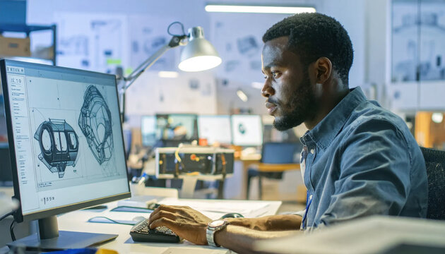 African engineer designing mechanical component with computer aided design software in modern workshop, focused professional examining technical drawing on monitor