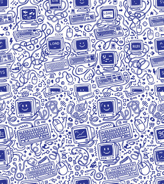Seamless vector pattern with retro computers crt monitors keyboards and cables in blue line art doodle style