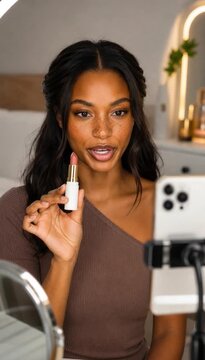 black female influencer holding nude lipstick and talking to smartphone camera while recording makeup tutorial with ring light