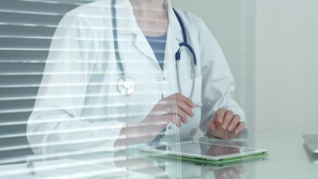 Medical professional using digital tablet, leveraging modern technology for patient care and health consultation, researching crucial information, and managing medical records