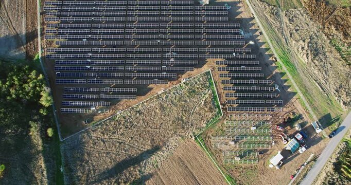 Aerial View Photovoltaic Farm Construction Site Renewable Energy Development
