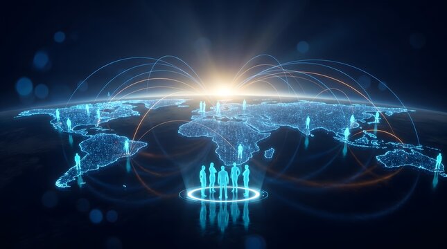 Global network of people connected across the planet illustrating digital communication and international collaboration in a futuristic digital world with glowing lines.