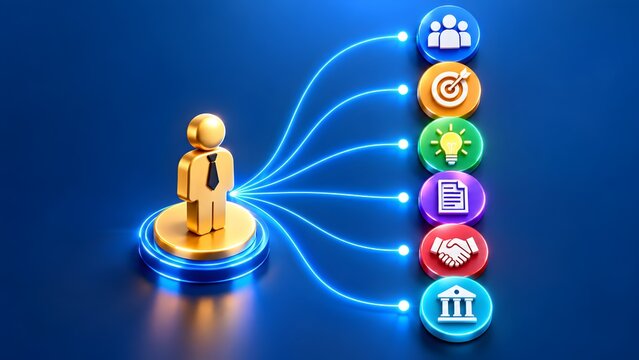 Golden businessman figure connected to colorful icons by glowing lines. Concept of corporate leadership and centralized business orchestration.