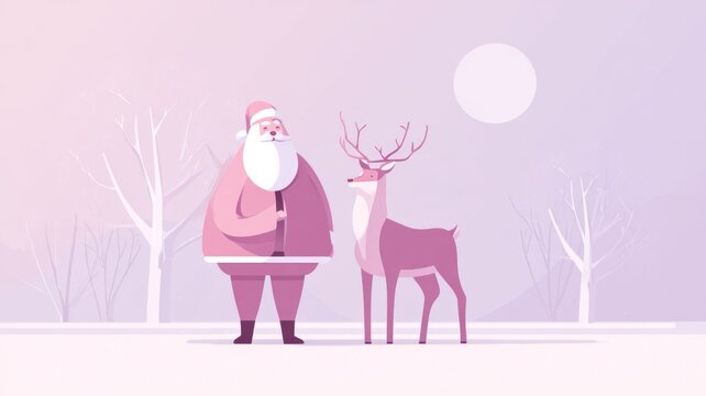Santa claus in winter landscape with reindeer under full moon in minimalist style