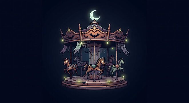 Spooky Halloween carousel with glowing horses and a crescent moon against a dark background