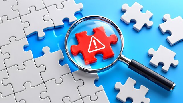 Magnifying glass focusing on a red puzzle piece with a warning sign. Concept of corporate risk mitigation and business problem solving.