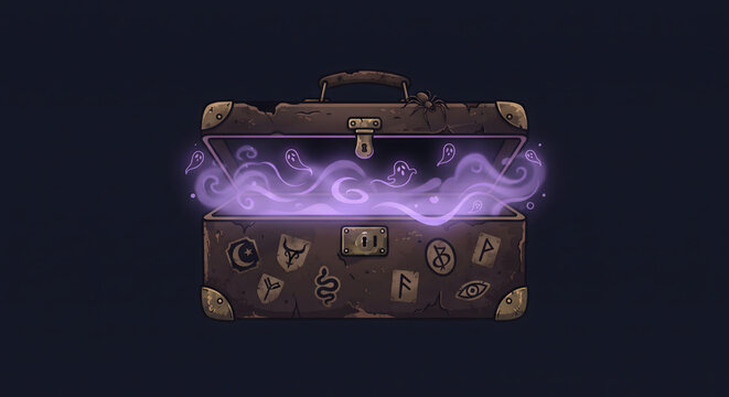 Spooky magical briefcase opening with purple mystical fog and little ghost spirits inside