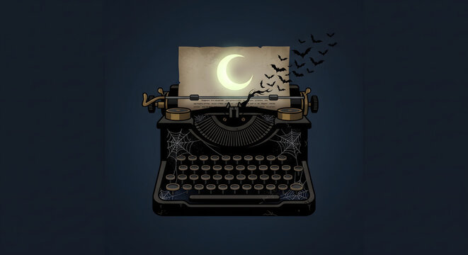 Vintage typewriter typing spooky bats flying out from paper with glowing crescent moon Halloween concept illustration