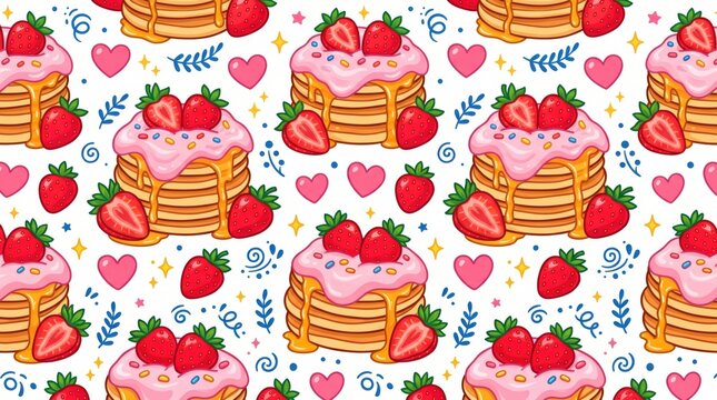 Delicious strawberry pancake seamless pattern background with sweet syrup, fresh berries, whip cream, and floral geometric elements. Perfect food wallpaper, dessert print, and bakery textile.