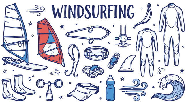 Windsurfing equipment vector illustration set with board sail wetsuit harness and accessories for water sports design