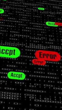 Binary code background animation displays accept buttons on dark Data processing checks update on binary code background animation Programming work flows operate on code background animation