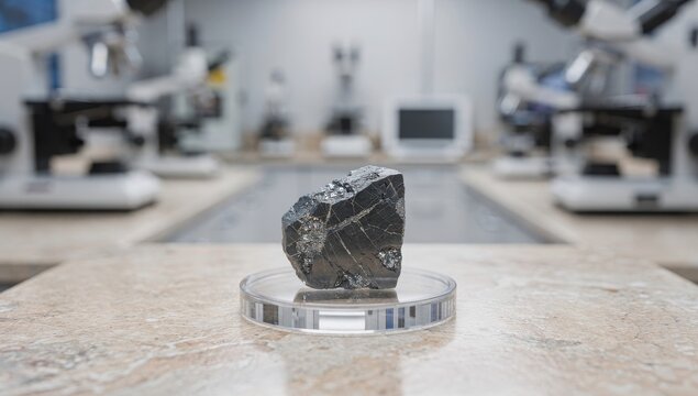 Dark geological rock sample sits centered on a transparent circular stand within a sterile laboratory environment, serving as a scientific specimen for geological research and high-tech analysis.