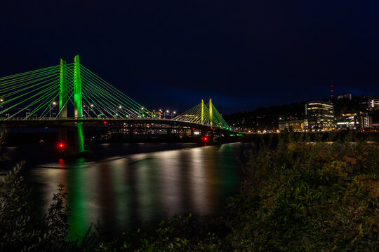 Tilikum Crossing Bridge across the Willamette River in Portland, Oregon, in dusk