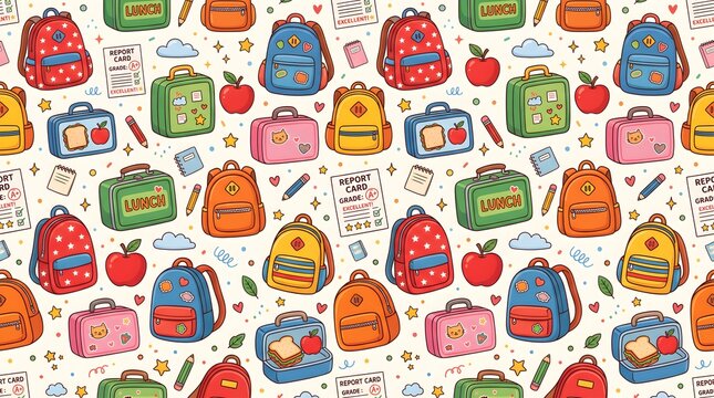 Back to school seamless pattern vector background with cute school supplies, student books, and learning icons for education design.