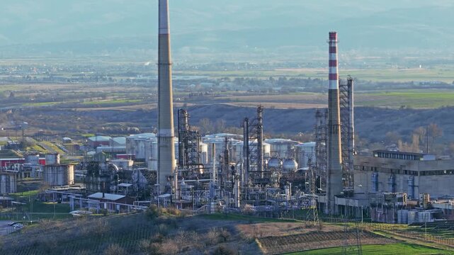Oil Refinery Sunset Industrial Landscape Energy Production Facility